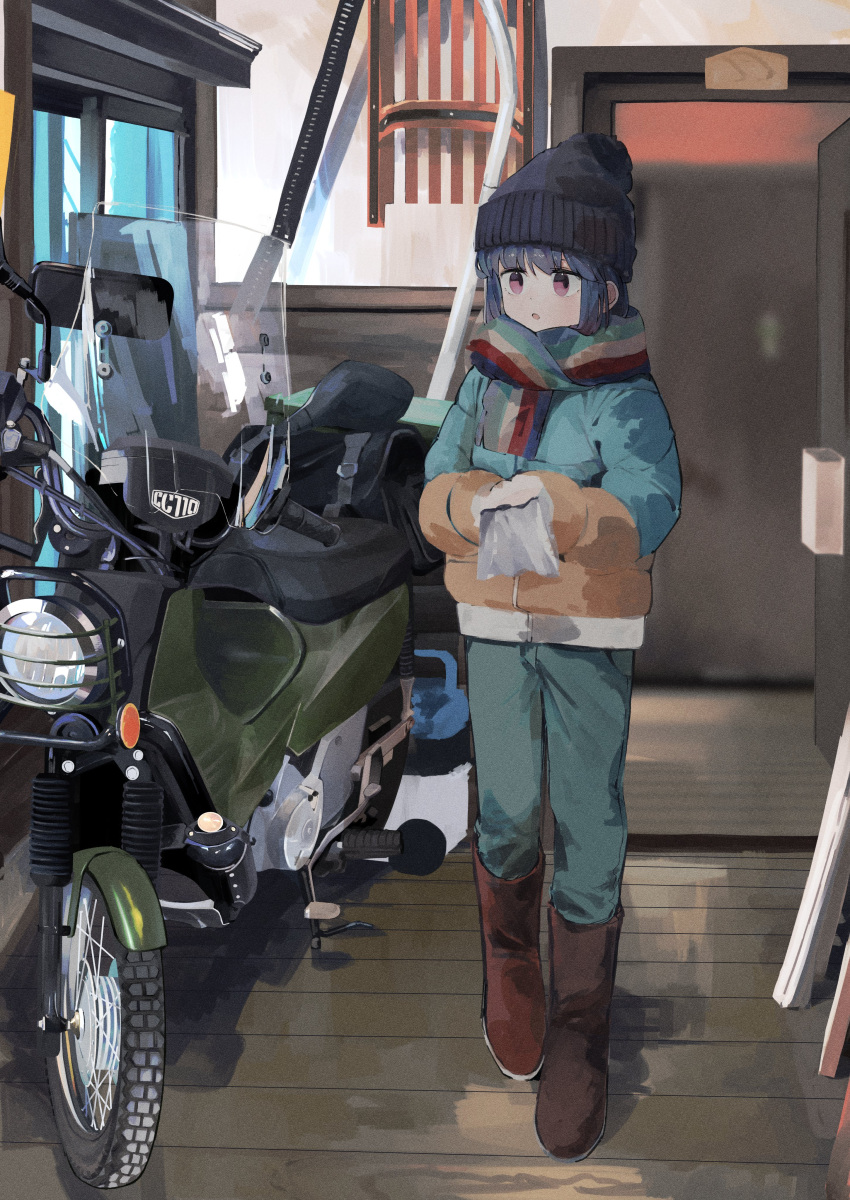 1girl, absurdres, aqua_pants, beanie, black_hat, boots, coat, door