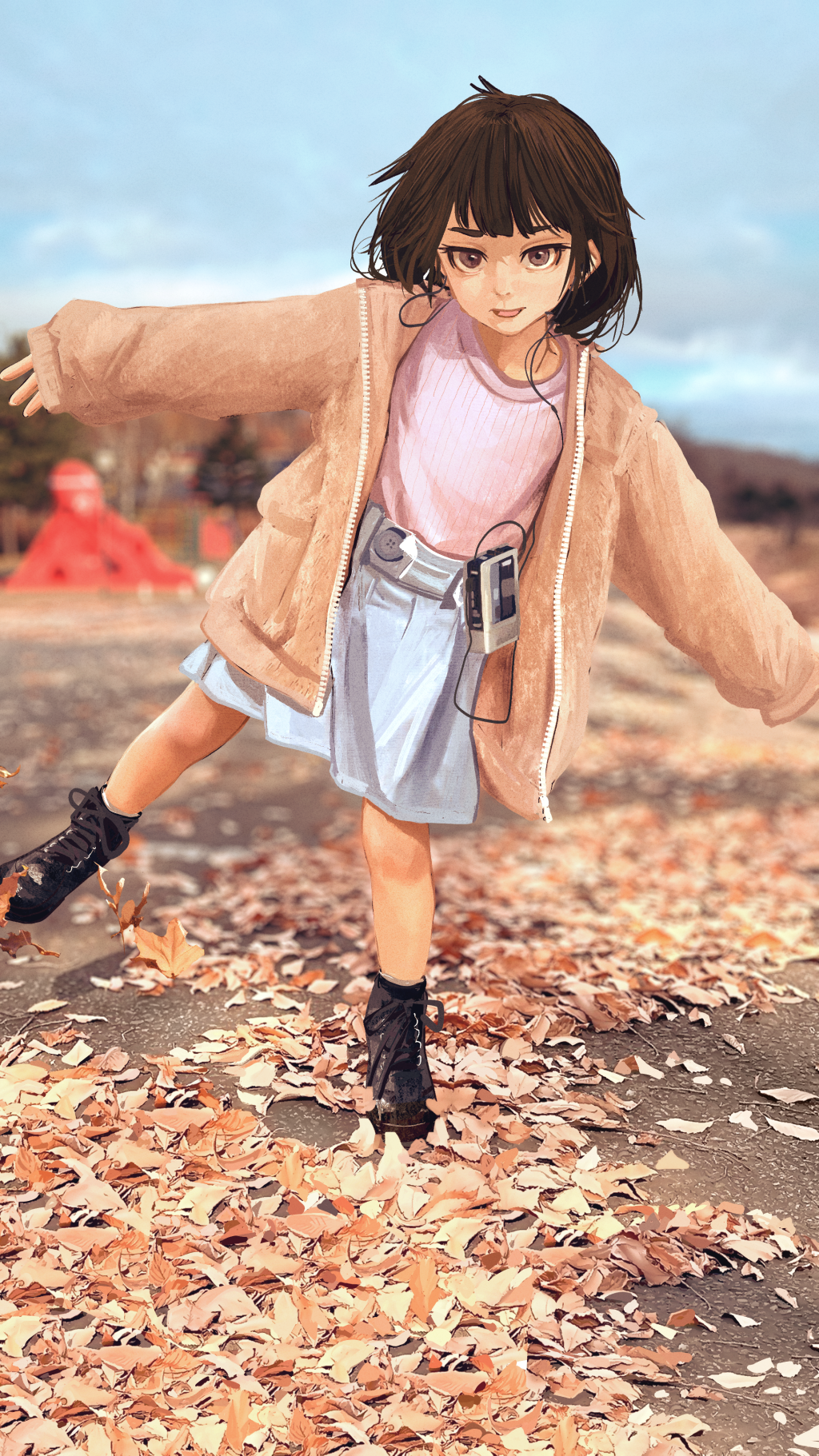 1girl, autumn_leaves, black_footwear, black_hair, blue_skirt, blue_sky, blurry, blurry_background