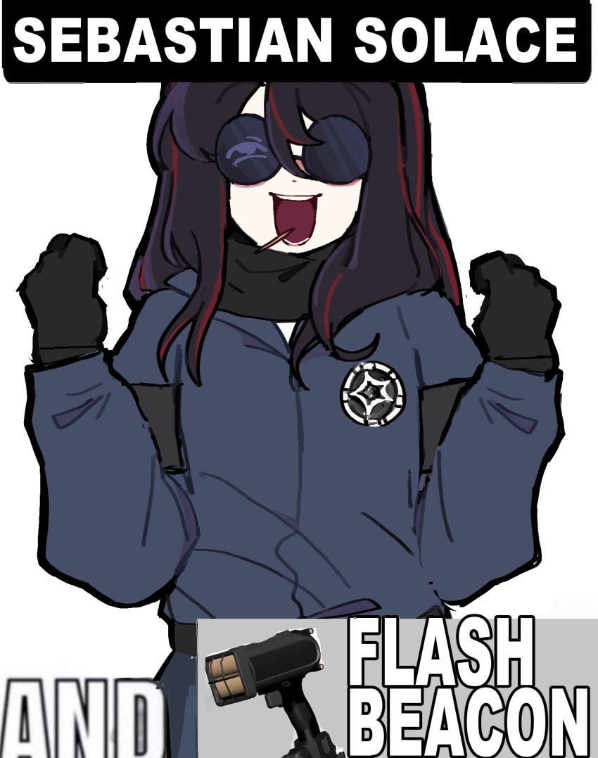 1girl, badge, black_gloves, black_hair, black_scarf, blue_jacket, expendable_(pressure), gloves, hands_up, highres, jacket, long_sleeves, multicolored_hair, open_mouth, player_character_(roblox), pressure_(roblox), redhead, roblox, scarf, simple_background, smile, solo, streaked_hair, toothpick, white_background, yumeyuk0