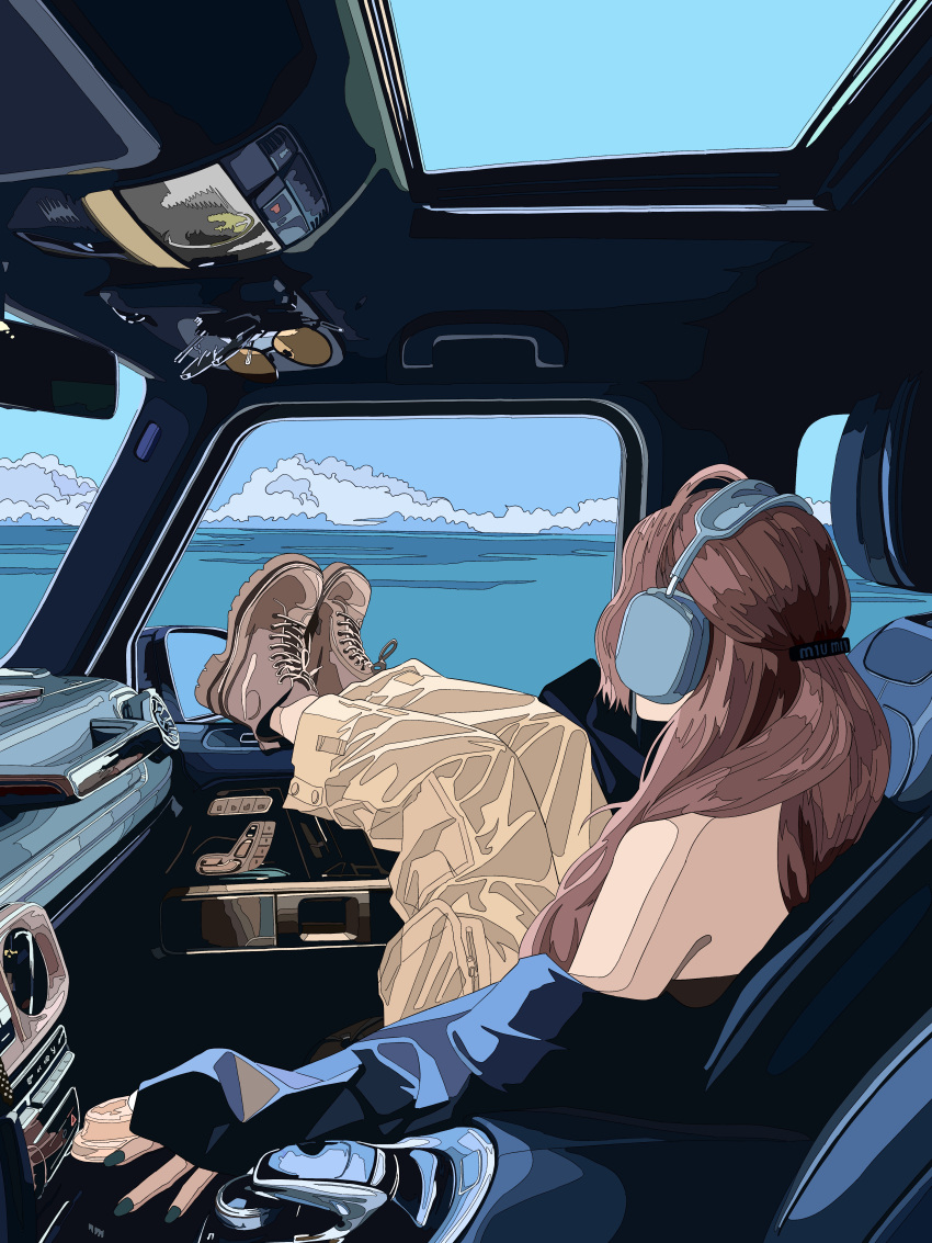 1girl, absurdres, blue_jacket, blue_nails, blue_sky, brown_footwear, brown_hair, car