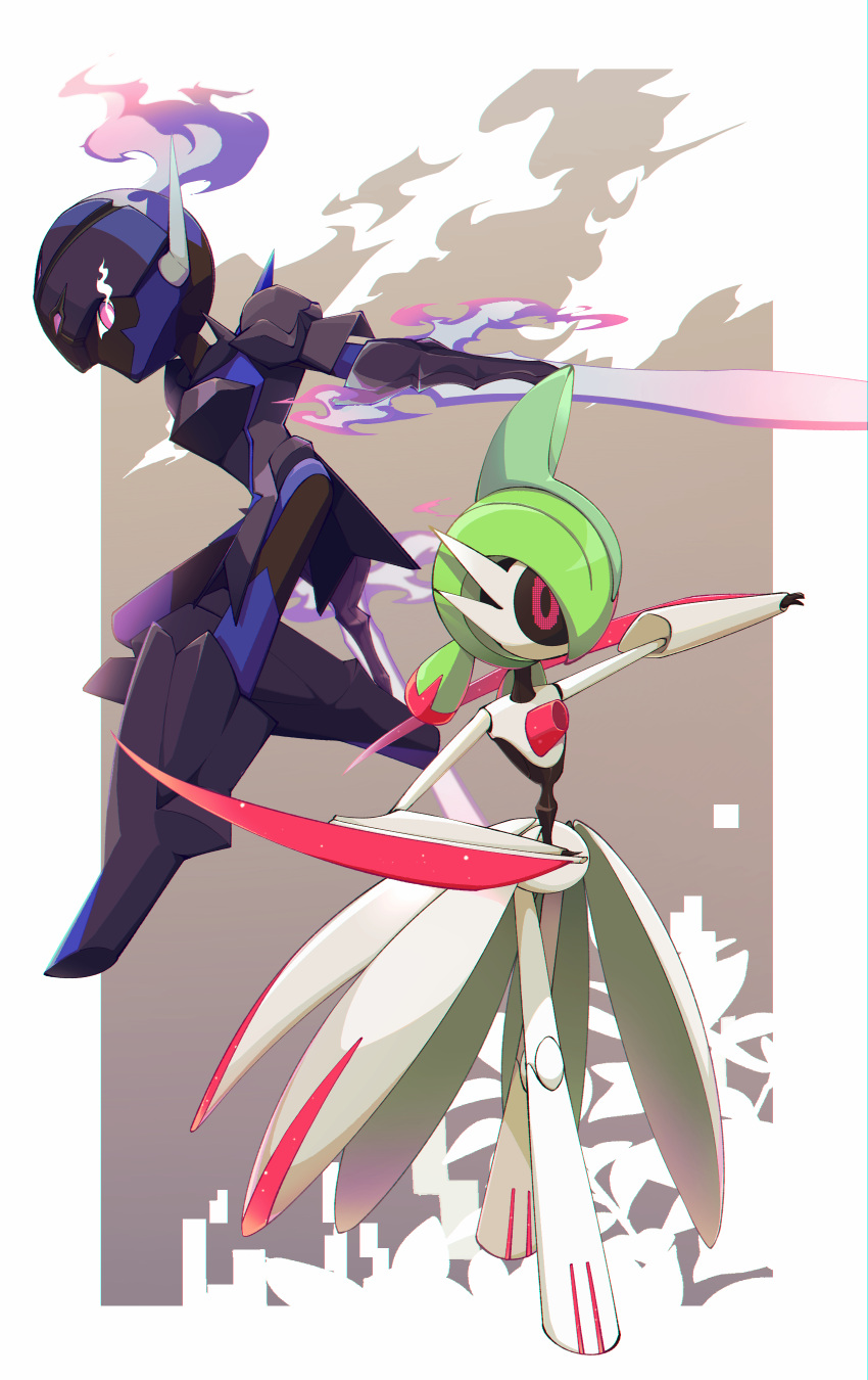 absurdres, black_sclera, border, bright_pupils, ceruledge, colored_sclera, commentary_request, eye_trail, fire, hachijuu_suzume, highres, iron_valiant, light_trail, outstretched_arm, pink_eyes, pointy_ears, pokemon, pokemon_(creature), purple_fire, standing, white_border, white_pupils