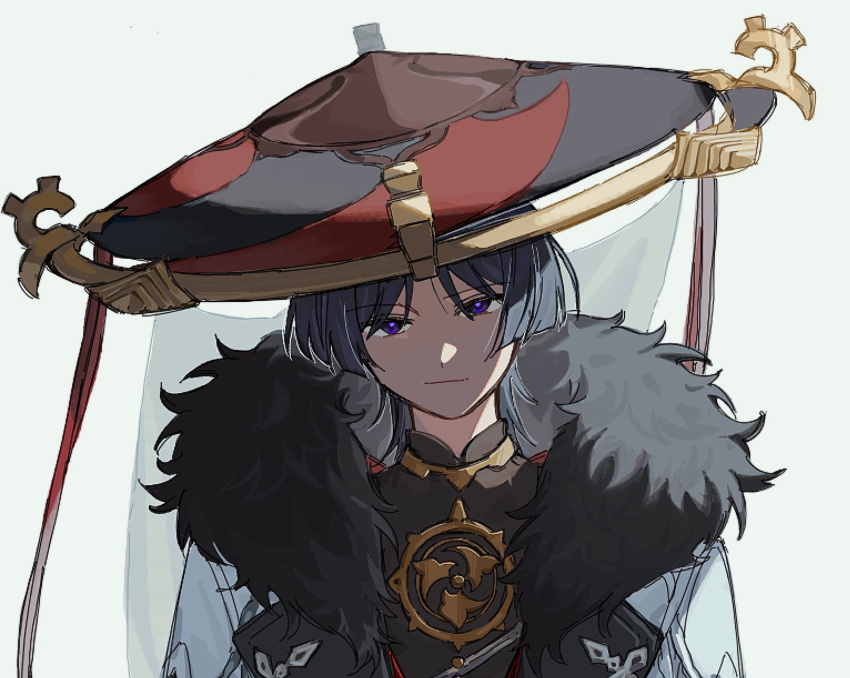 1boy, black_bodysuit, black_eyes, black_hair, black_hat, blunt_ends, bodysuit, bright_pupils, closed_mouth, coat, expressionless, fur-trimmed_collar, fur_collar, fur_trim, genshin_impact, gold, hat, head_tilt, highres, inuboe_npa, jewelry, lapels, male_focus, mandarin_collar, mask_on_hat, mitsudomoe_(shape), neck_ring, parted_bangs, red_hat, scaramouche_(genshin_impact), solo, tilted_headwear, tomoe_(symbol), two-tone_hat, veil, white_background, white_coat, white_pupils, white_veil, winter_clothes, winter_coat