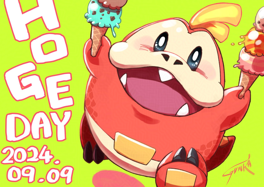 black_eyes, bright_pupils, commentary_request, dated, fangs, food, fuecoco, green_background, gunka_(maggot0111), happy, holding, ice_cream, ice_cream_cone, no_humans, open_mouth, pokemon, pokemon_(creature), solo, white_pupils