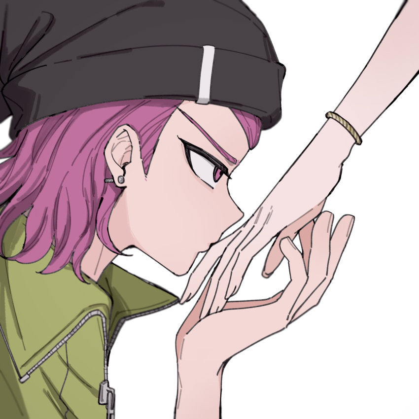 1boy, 1girl, black_hat, danganronpa_(series), danganronpa_2:_goodbye_despair, earrings, finger_kiss, hand_up