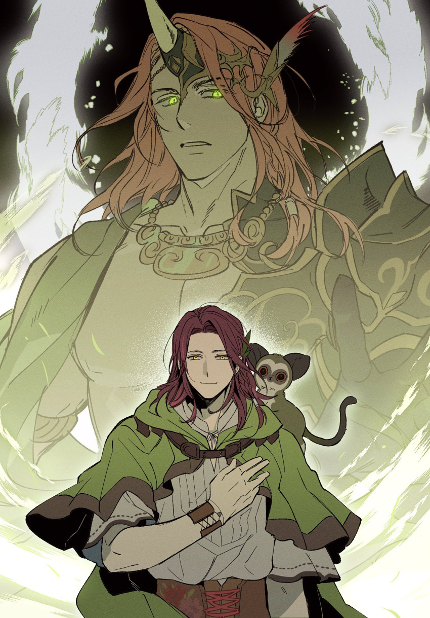 2boys, animal_on_shoulder, armor, black_background, brown_hair, capelet, corset, deryk_(ff14)