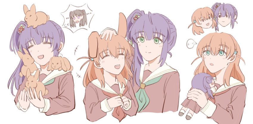 +++, ..., 3girls, :d, ^_^, animal_ears, aqua_eyes, brown_hair