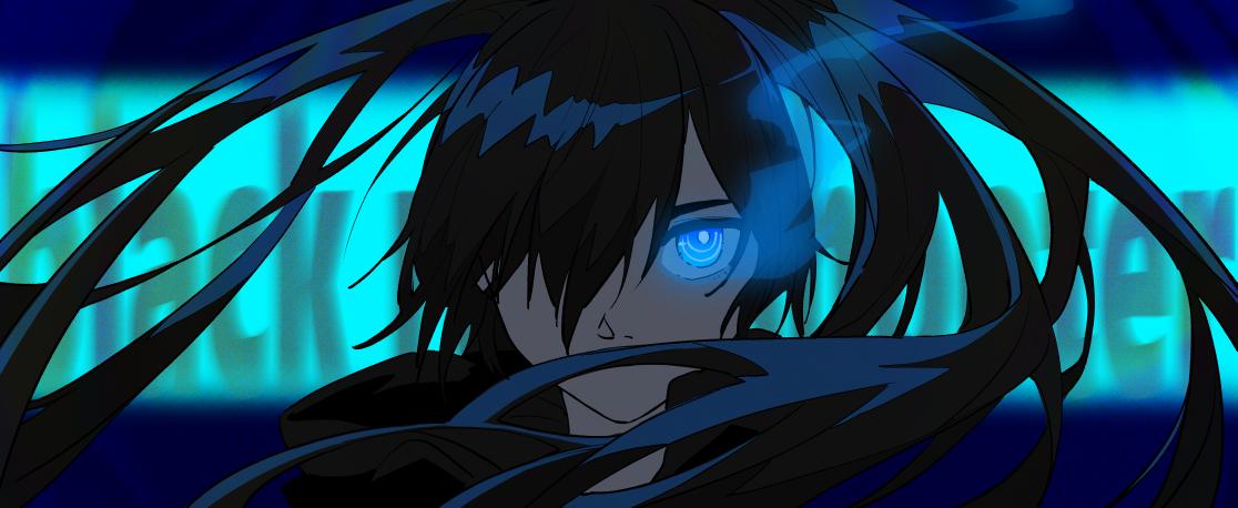 1girl, black_hair, black_rock_shooter, black_rock_shooter_(character), blue_eyes, flaming_eye, glowing, glowing_eye