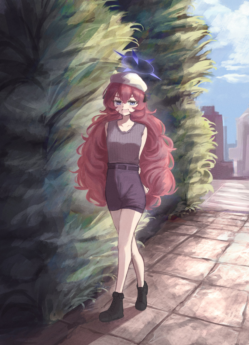 1girl, absurdres, ahiru_(ahahahahiru), alternate_costume, belt, beret, black_ribbon, blue_archive, blue_halo, city, clouds, fluffy_hair, grey_eyes, hair_ornament, hair_ribbon, halo, hat, highres, iroha_(blue_archive), long_hair, open_mouth, outdoors, redhead, ribbon, shoes, skirt, sky, smile, stone_walkway, tank_top, tree, white_hat