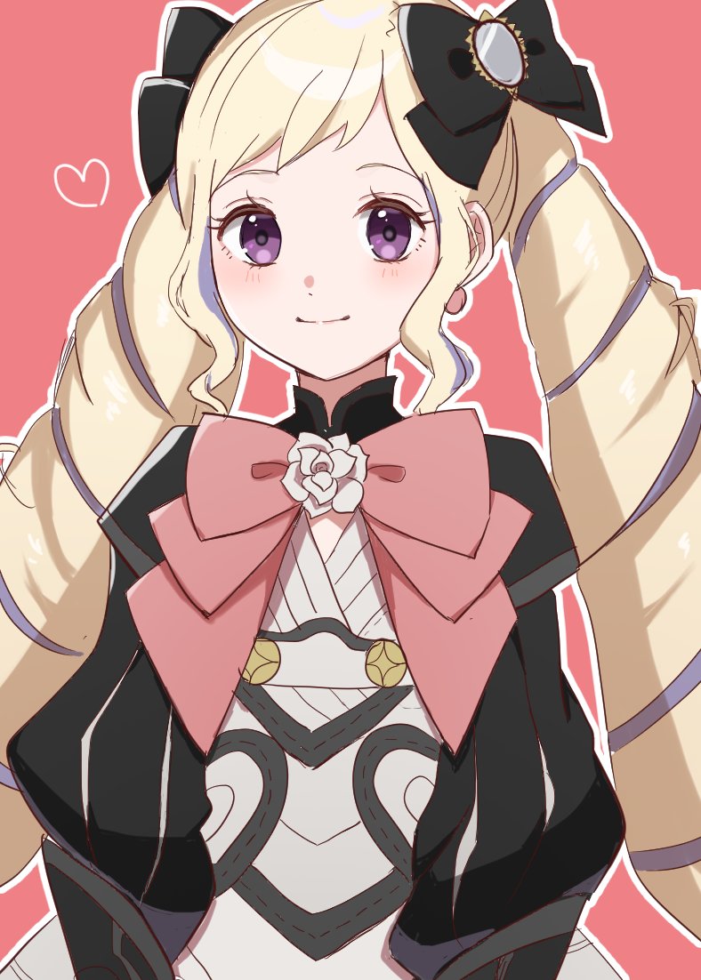 1girl, aristocratic_clothes, blonde_hair, bow, drill_hair, elise_(fire_emblem), fire_emblem, fire_emblem_fates, flower, gmais2514, hair_bow, long_hair, looking_at_viewer, purple_hair, rose, smile, twin_drills, twintails, violet_eyes, white_flower, white_rose
