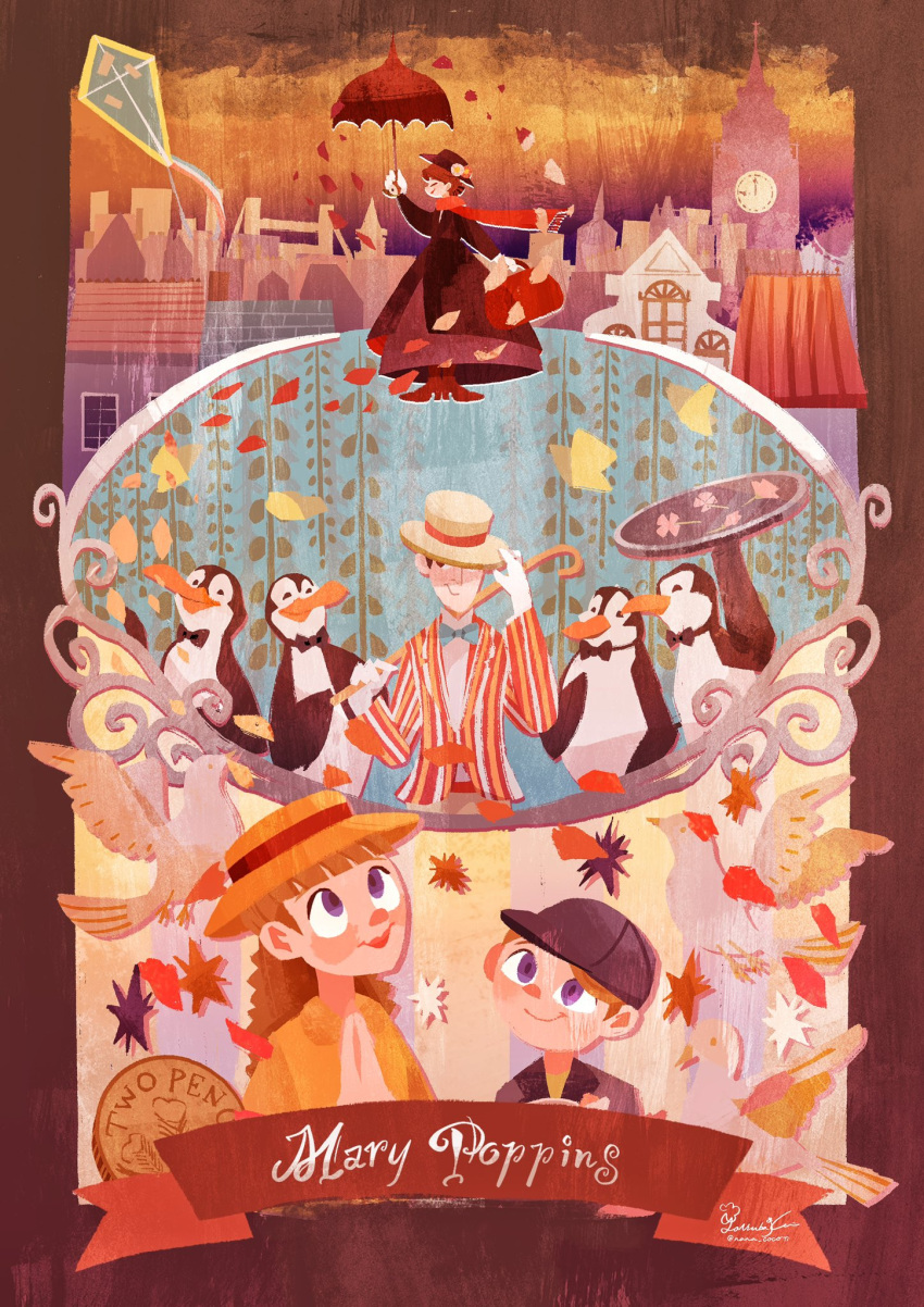 2boys, 2girls, bert_(mary_poppins), bird, blunt_bangs, border, brother_and_sister, brown_border, cane, child, coin, commentary_request, copyright_name, feathers, flying, gloves, hat, hat_over_one_eye, highres, holding, holding_cane, holding_umbrella, jacket, jane_banks_(mary_poppins), kite_flying, looking_up, mary_poppins, mary_poppins_(character), michael_banks, multiple_boys, multiple_girls, multiple_others, nana_coco77, penguin, scar, siblings, smile, striped_clothes, striped_jacket, umbrella, vertical-striped_clothes, vertical-striped_jacket, white_gloves