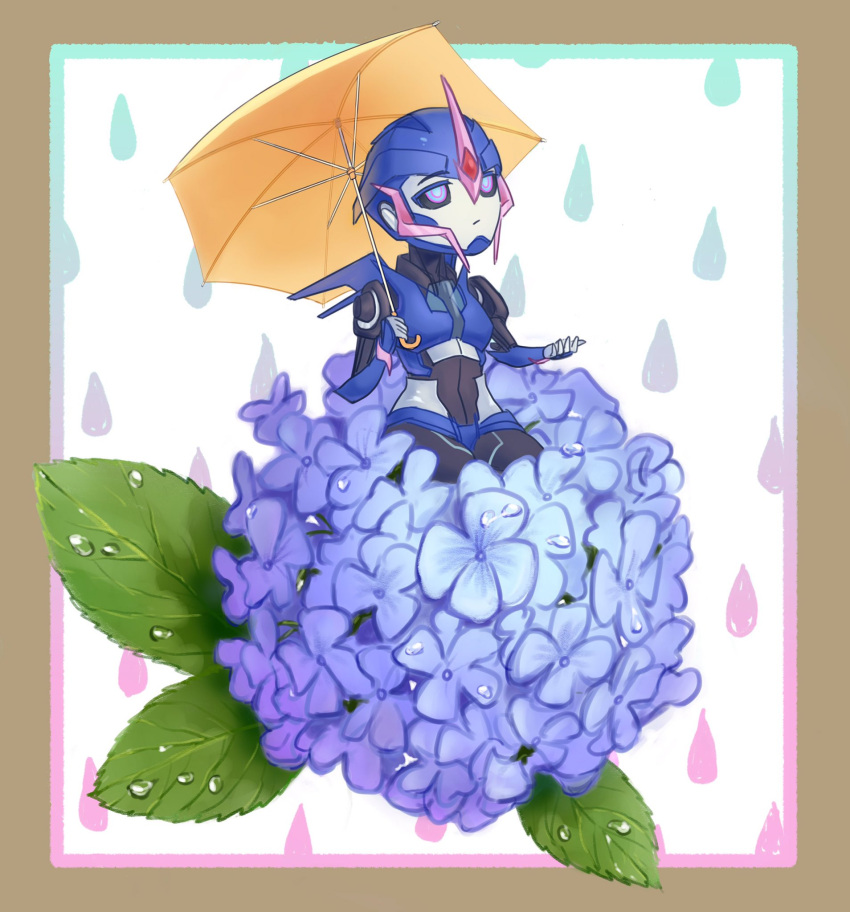 1girl, arcee, blue_eyes, blue_flower, flower, helmet, highres, holding