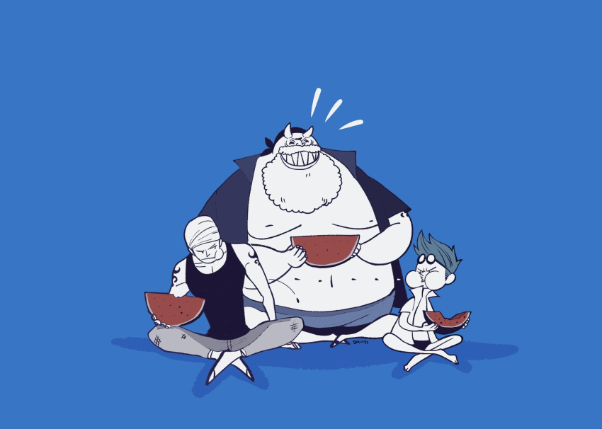 3boys, arm_tattoo, beard, blink_mints, blue_background, blue_hair, commentary_request, eating