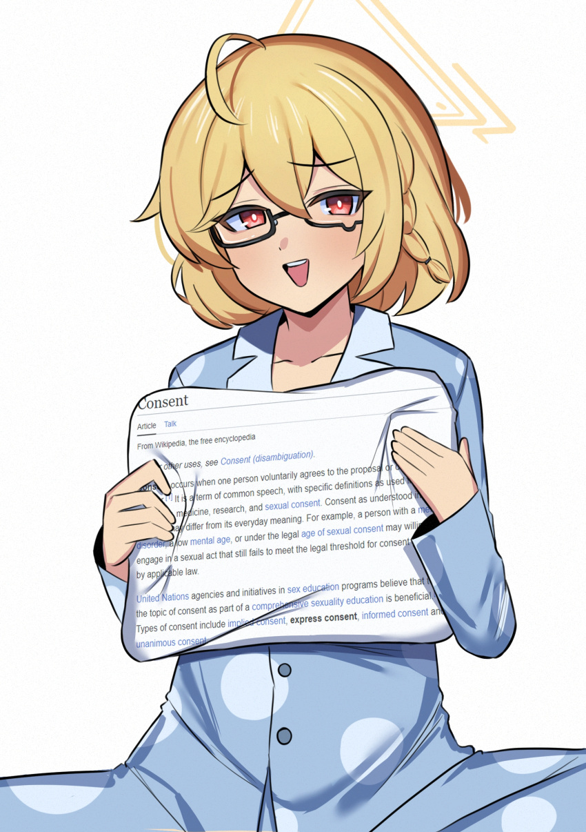 1girl, absurdres, alternate_costume, blonde_hair, blue_archive, commission, english_text, glasses