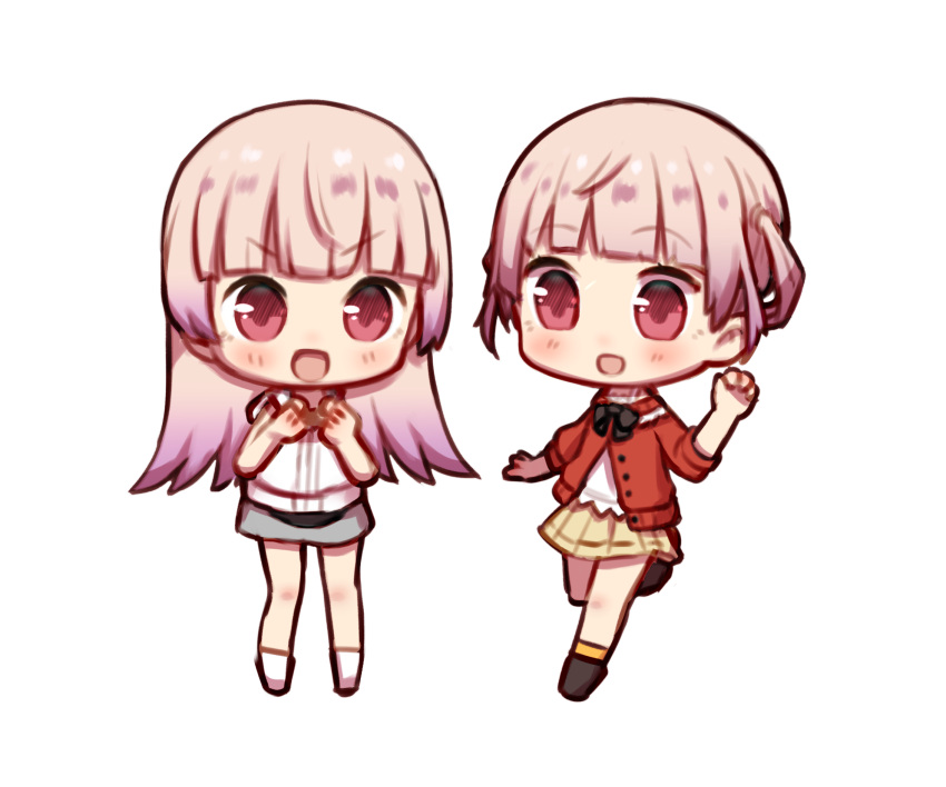 2girls, :d, atelier_(series), atelier_lydie_&amp;_suelle, blunt_bangs, brown_skirt, chibi, full_body