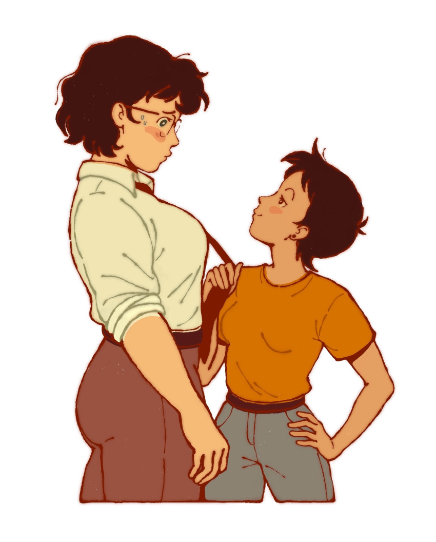 2girls, black_hair, blue_eyes, blush_stickers, brown_eyes, clark_kent, clothes_grab, collared_shirt
