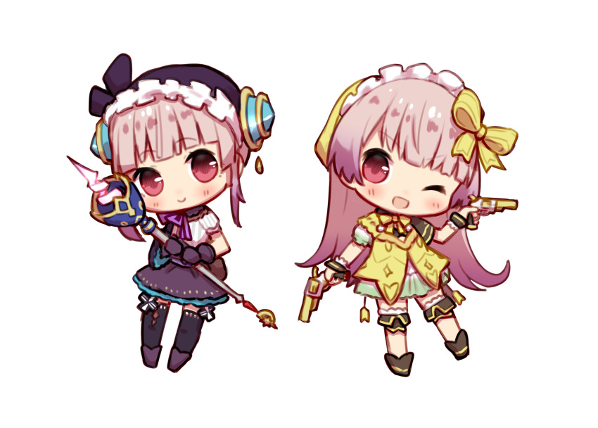2girls, ;d, atelier_(series), atelier_lydie_&amp;_suelle, blunt_bangs, chibi, commentary_request, dress