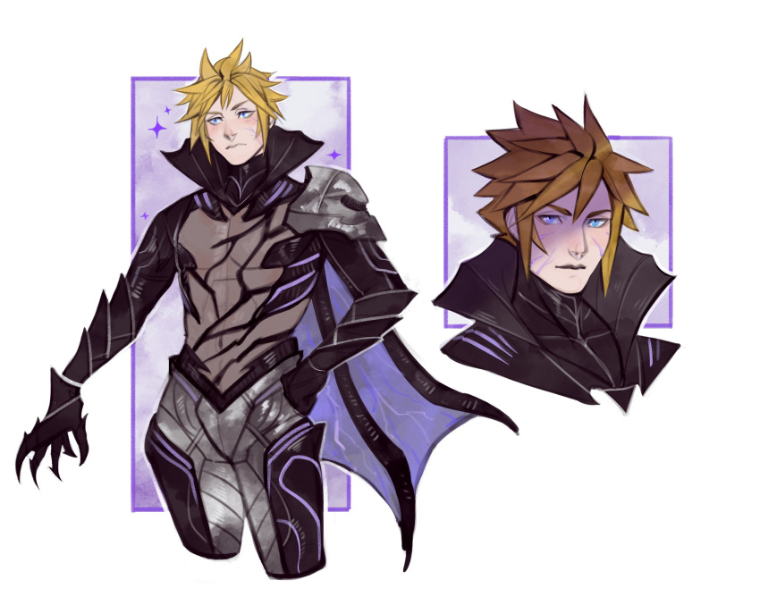 1boy, armor, black_armor, blonde_hair, blue_eyes, bodystocking, border, clawed_gauntlets
