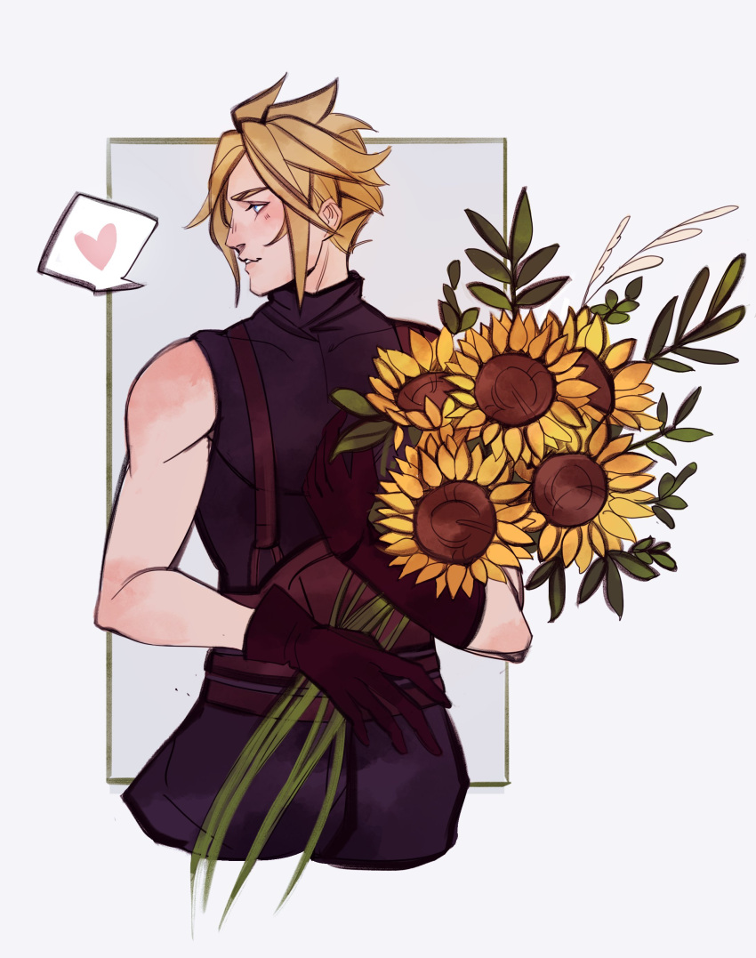 1boy, absurdres, belt, blonde_hair, blue_pants, blue_shirt, border, bouquet