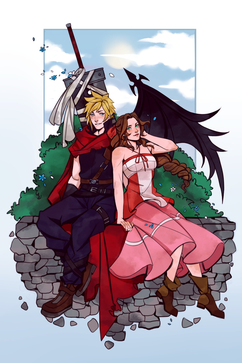 1boy, 1girl, absurdres, aerith_gainsborough, bandages, bare_arms, bare_shoulders, belt