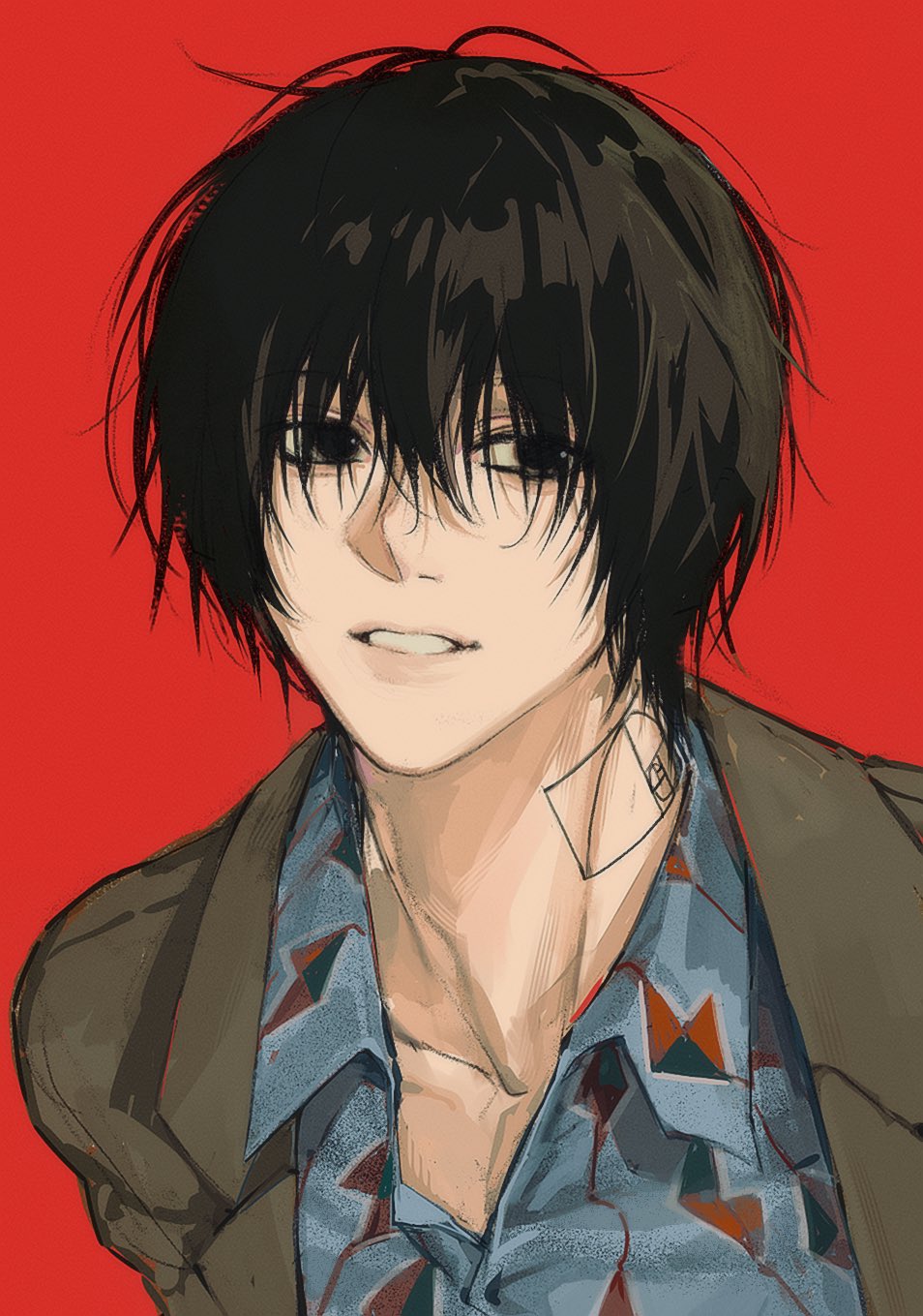 1boy, black_eyes, black_hair, blue_shirt, brown_coat, coat, collarbone, highres, light_smile, long_bangs, male_focus, nagumo_(sakamoto_days), neck_tattoo, open_clothes, open_coat, parted_lips, pectoral_cleavage, pectorals, pn64660923, portrait, red_background, sakamoto_days, shirt, short_hair, sideways_glance, simple_background, solo, tattoo