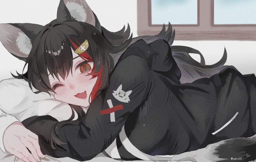 1girl, animal_ears, black_hair, brown_eyes, fang, highres, hololive, hood