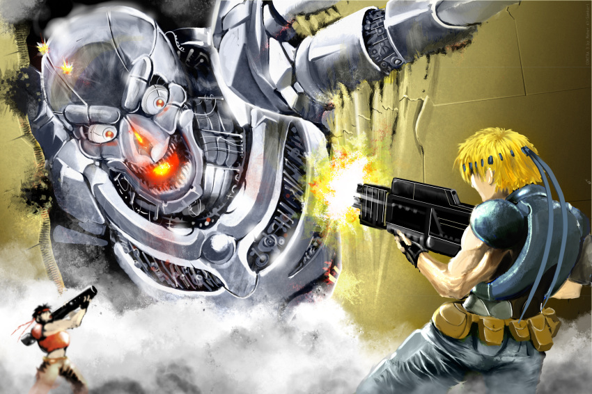 2boys, armor, bandana, battle, bill_rizer, black_hair, blonde_hair, contra