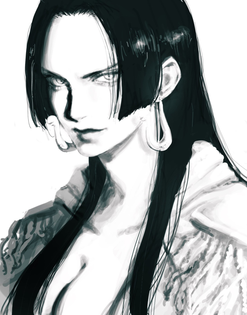 1girl, black_hair, boa_hancock, closed_mouth, commentary, earrings, english_commentary, epaulettes