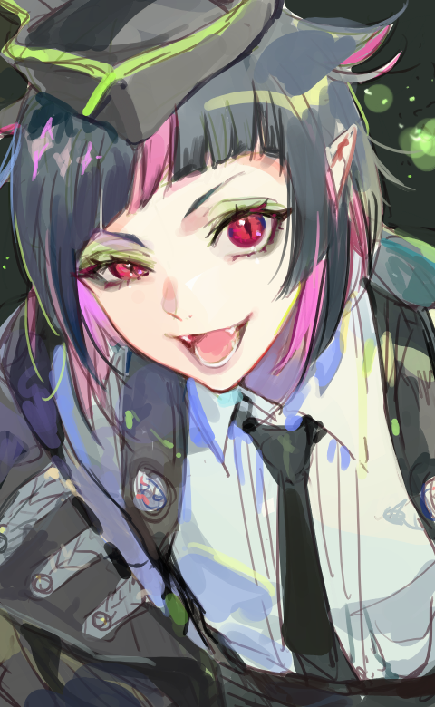 1boy, androgynous, black_coat, black_necktie, coat, diagonal_bangs, eyelashes, fangs, grin, kuzuvine, leaning_forward, lilia_vanrouge, looking_at_viewer, male_focus, medium_hair, multicolored_hair, necktie, one_eye_narrowed, open_clothes, open_coat, pink_hair, smile, solo, streaked_hair, twisted_wonderland, upper_body, violet_eyes
