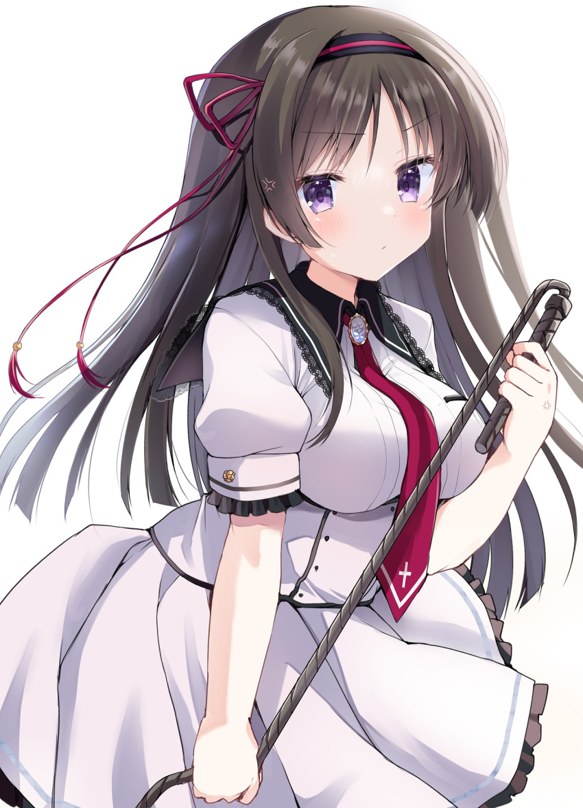 1girl, anger_vein, angry, black_collar, black_hair, black_hairband, blunt_ends, blush