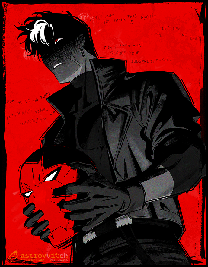 1boy, astrovvitch, batman_(series), black_bodysuit, black_gloves, black_hair, bodysuit, brown_jacket, dc_comics, gloves, grey_bodysuit, helmet, holding, jacket, jason_todd, male_focus, multicolored_hair, red_hood_(dc), scar, scar_on_face, shirt, superhero_costume, toned, toned_male, two-tone_hair, white_hair