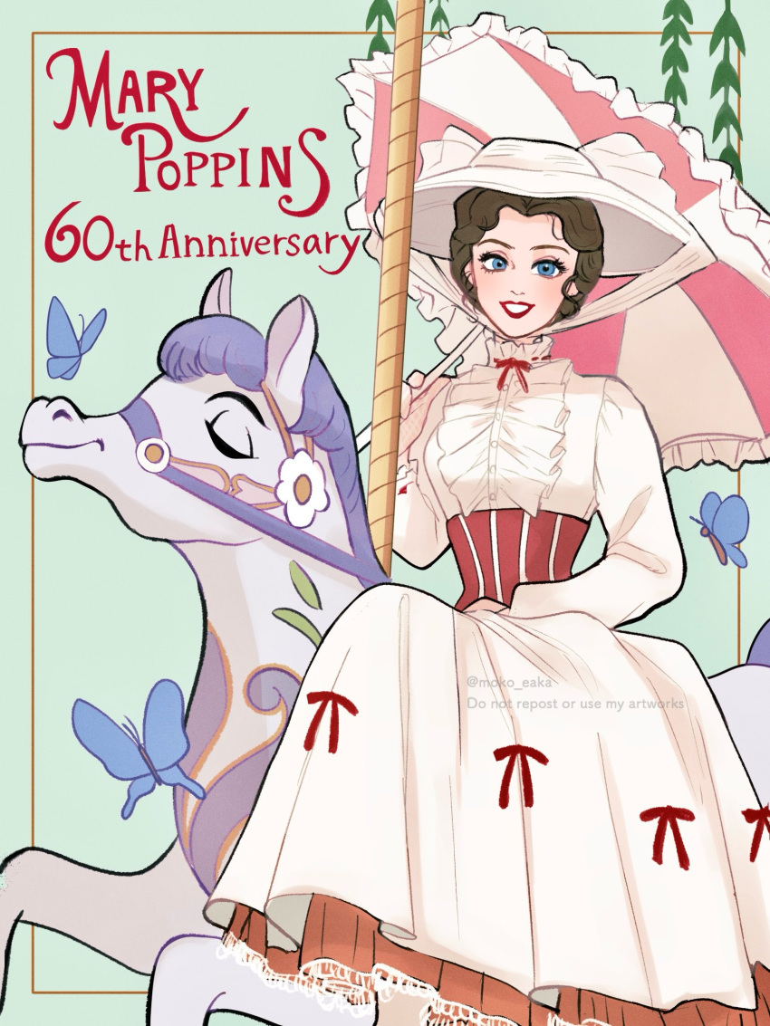1girl, 60s, anniversary, blue_butterfly, blue_eyes, brown_hair, bug, butterfly, commentary_request, copyright_name, corset, disney, dress, hair_bun, hat, highres, horseback_riding, long_dress, mary_poppins, mary_poppins_(character), moko_eaka, red_lips, riding, sitting, smile, solo, twitter_username, white_dress, white_hat