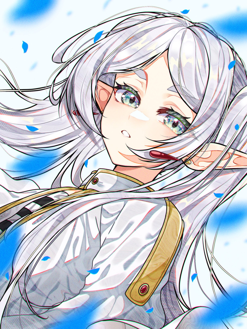 1girl, breasts, dress, earrings, elf, falling_petals, frieren, green_eyes