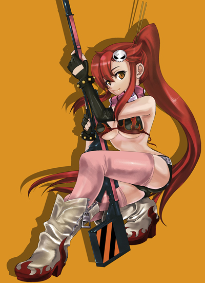 bad_id, boots, breasts, brown_eyes, fingerless_gloves, gloves, gun, long_hair, mio_(pixiv183703), ponytail, red_hair, redhead, short_shorts, shorts, simple_background, solo, tengen_toppa_gurren-lagann, tengen_toppa_gurren_lagann, thigh-highs, thighhighs, under_boob, underboob, weapon, yoko_littner, yoko_ritona, yuunagi_(seventh_heaven)
