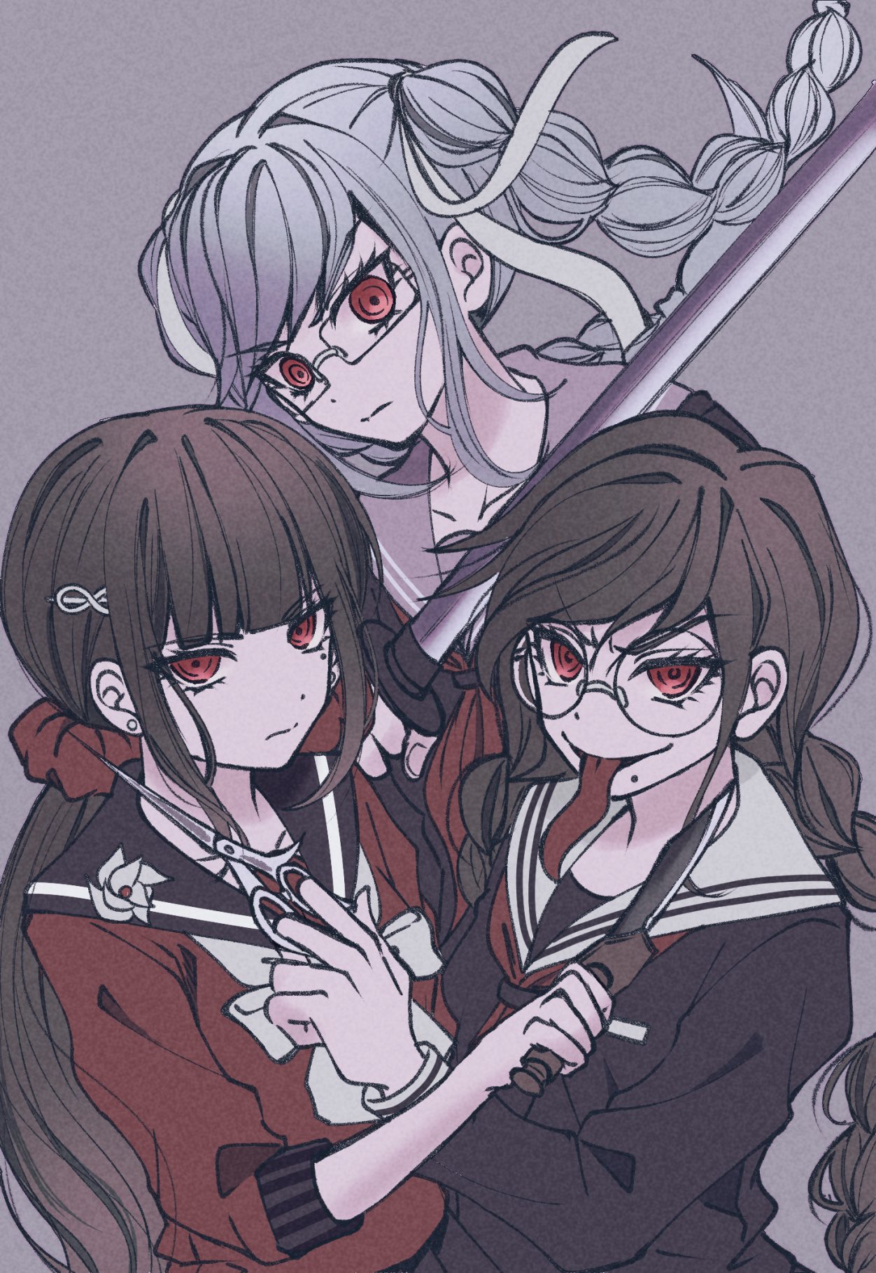 3girls, blunt_bangs, braid, brown_hair, closed_mouth, danganronpa:_trigger_happy_havoc, danganronpa_(series), danganronpa_2:_goodbye_despair