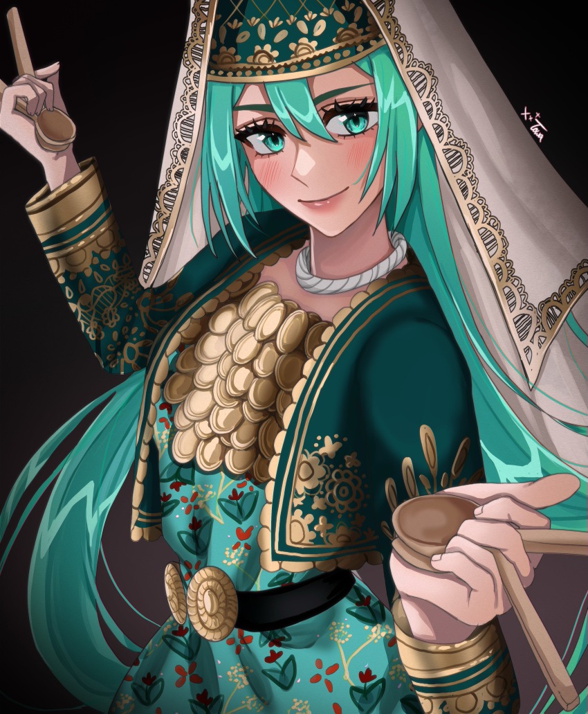 1girl, absurdres, aqua_dress, aqua_eyes, aqua_hair, artist_name, dress, floral_print, floral_print_dress, hatsune_miku, highres, holding, holding_instrument, holding_spoon, instrument, jewelry, light_blush, lips, long_hair, long_sleeves, looking_at_viewer, signature, simple_background, solo, spoon, towanee8, turkey_(country), turkish_clothes, twintails, upper_body, veil, very_long_hair, vocaloid, wooden_spoon