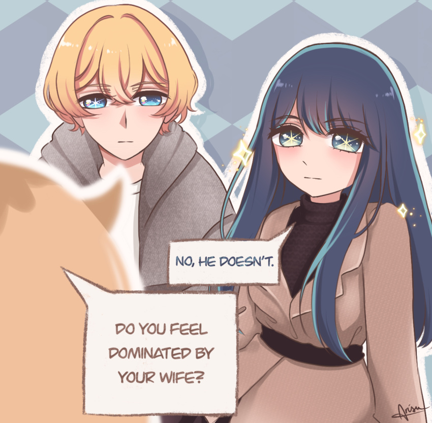 1boy, 2girls, arisu_art, black_sweater, blonde_hair, blue_eyes, blue_hair, blush