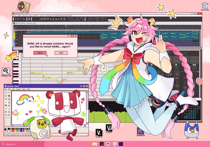 1girl, ;d, ^^^, adobe_premiere, blue_dress, blue_pantyhose, blush, braid