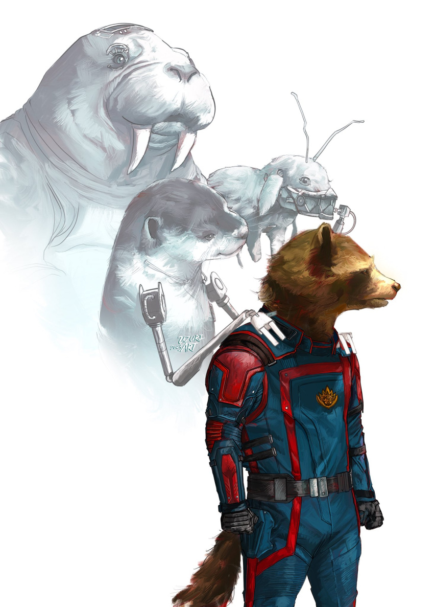 2boys, 2girls, animal_focus, belt, black_belt, black_gloves, body_fur, brown_fur