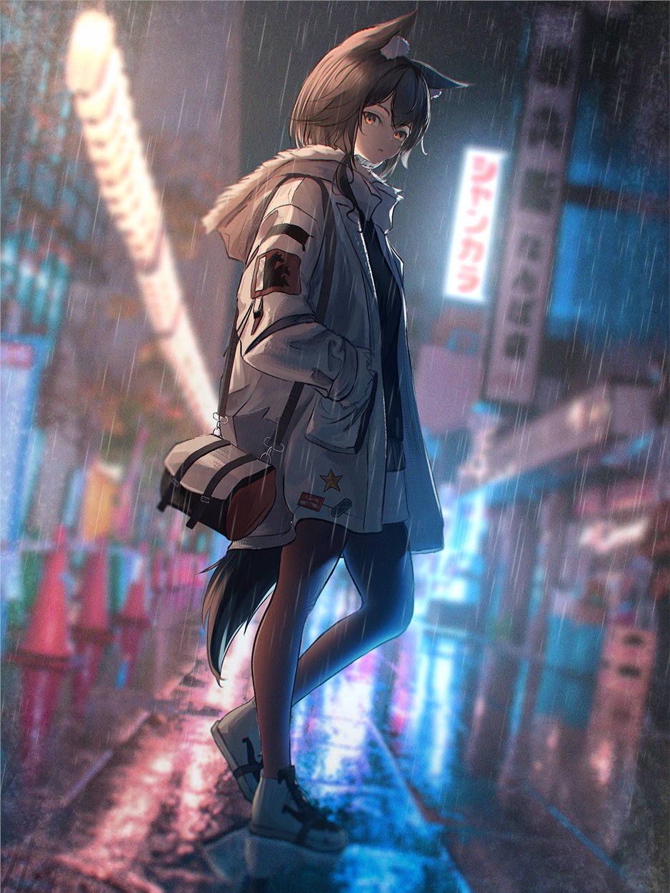 1girl, animal_ears, arknights, bag, black_hair, black_pantyhose, blurry, city_lights, depth_of_field, full_body, hand_in_pocket, highres, hood, hood_down, hooded_jacket, jacket, lit_for_20, long_sleeves, looking_at_viewer, night, open_clothes, open_jacket, orange_eyes, pantyhose, rain, road, shoulder_bag, sign, street, tail, texas_(arknights), traffic_cone, white_jacket, wolf_ears, wolf_girl, wolf_tail
