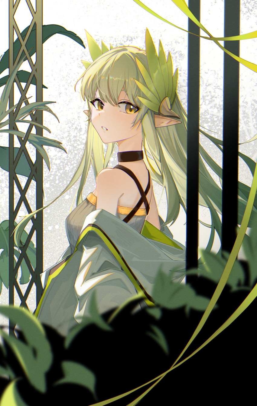 1girl, absurdres, arknights, bare_shoulders, black_collar, blonde_hair, chromatic_aberration, collar