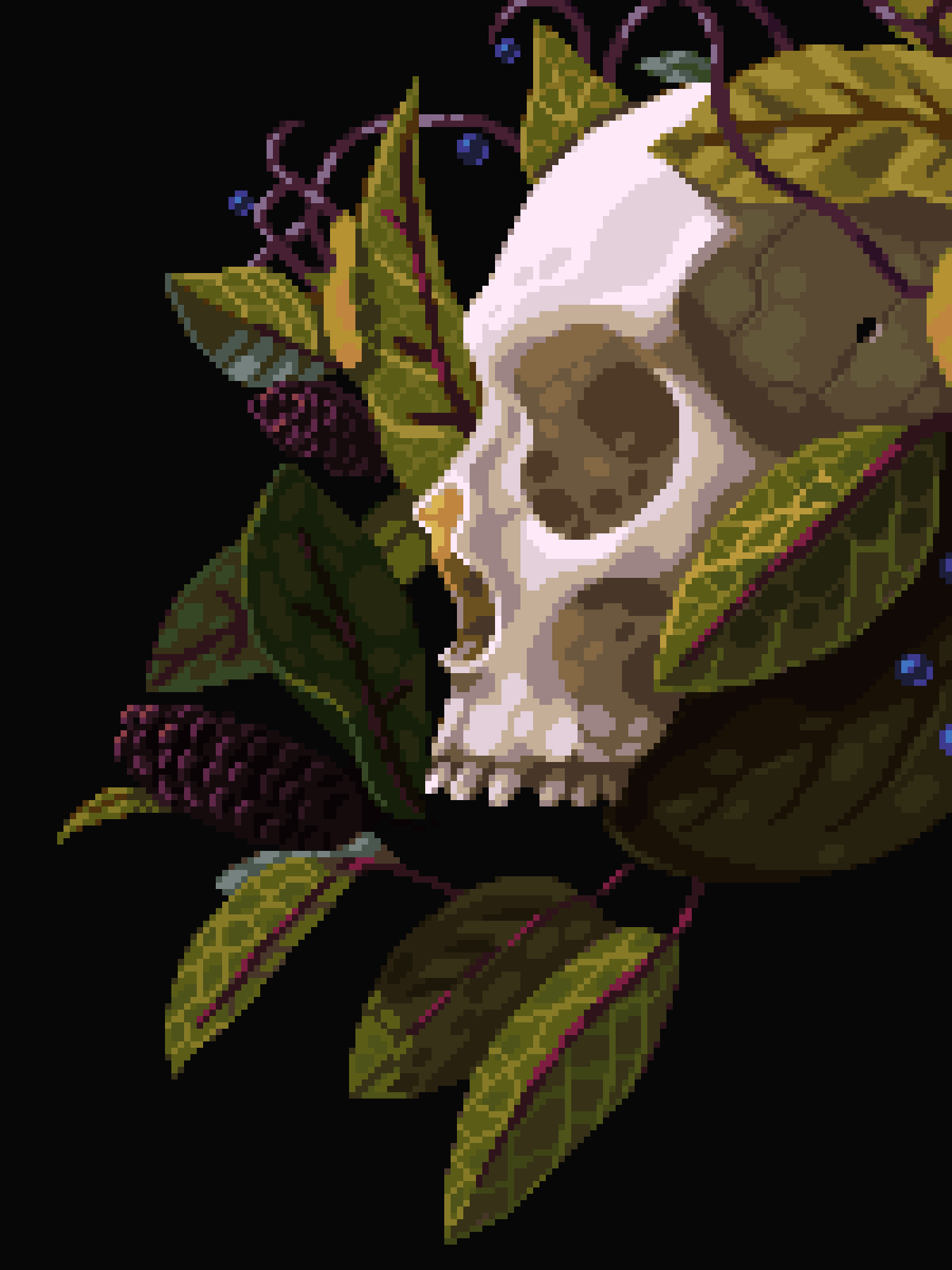 black_background, highres, leaf, no_humans, original, pixel_art, pixel_art_journey, plant, simple_background, skull