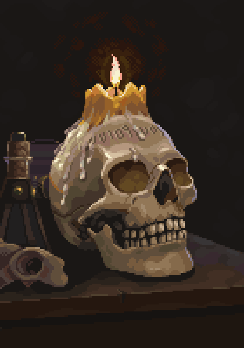 black_background, candle, candle_wax, fire, highres, indoors, melting, no_humans, original, pixel_art, pixel_art_journey, skull, teeth