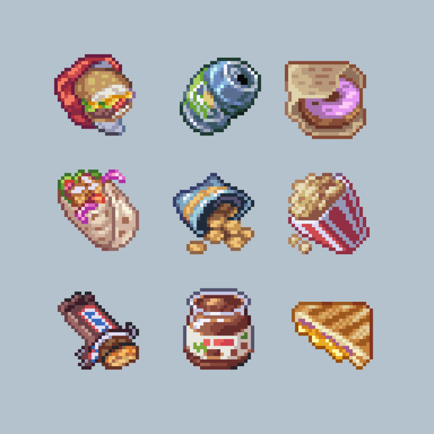 absurdres, bag_of_chips, blue_background, burger, burrito, chips_(food), doughnut, food