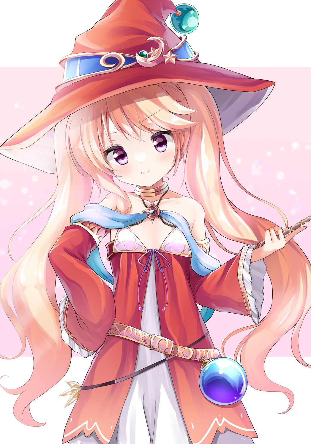 >:), 1girl, bare_shoulders, blonde_hair, blue_shawl, blush, breasts, c: