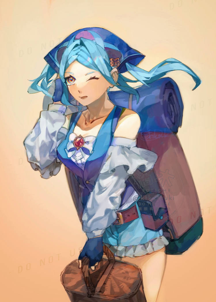 1girl, bandana, blue_gloves, blue_hair, fingerless_gloves, fire_emblem, fire_emblem_fates, fire_emblem_heroes, flora_(fire_emblem), flora_(picnic)_(fire_emblem), gloves, long_hair, long_sleeves, official_alternate_costume, one_eye_closed, picnic_basket, solo, tatibana-tsuki