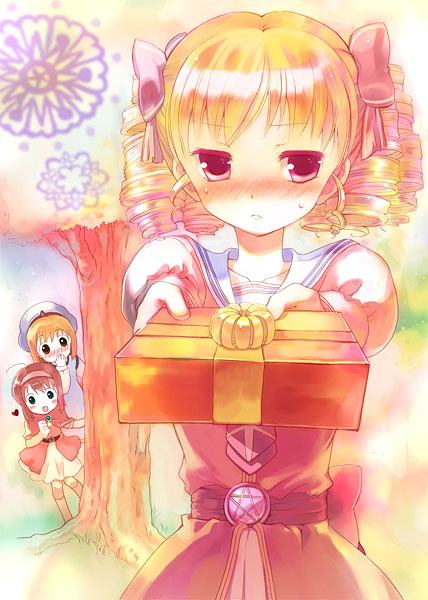 3girls, :d, ahoge, arche_plumfield, averting_eyes, back_bow, belt, beret
