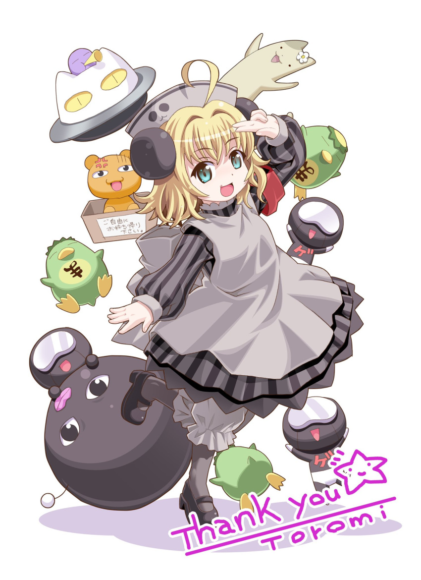 1girl, :d, ahoge, animal_ears, apron, arm_up, armband, artist_name