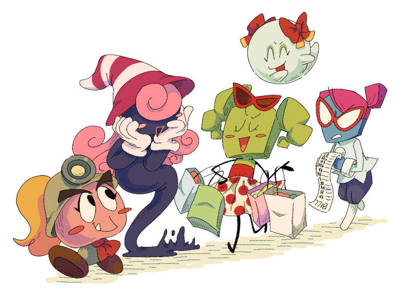5girls, alt_text, bag, blonde_hair, blush_stickers, bow, bow_(paper_mario), closed_eyes, colored_skin, commentary, curly_hair, english_commentary, eyewear_on_head, floating, ghost, ghost_tail, gloves, goombella, green_skin, hair_bun, hair_over_eyes, hat, hellspawnmotel, laughing, long_hair, mimi_(paper_mario), mining_helmet, multiple_girls, nastasia, paper_mario, paper_mario:_the_thousand_year_door, pink_hair, ponytail, purple_skin, receipt, red_bow, shopping_bag, simple_background, single_hair_bun, striped_clothes, striped_headwear, super_mario_bros., super_paper_mario, twintails, vivian_(paper_mario), walking, white_background, white_gloves, witch_hat