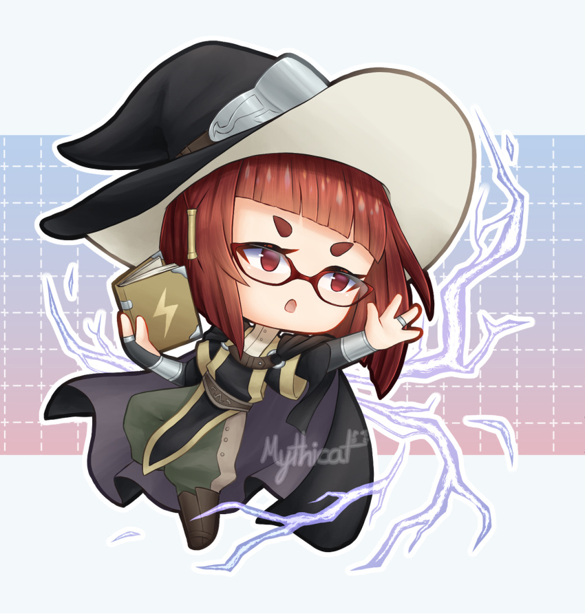 1girl, black_bridal_gauntlets, book, bridal_gauntlets, chibi, diagonal_bangs, fire_emblem, fire_emblem_awakening, glasses, hair_tubes, hat, highres, holding, holding_book, lightning, miriel_(fire_emblem), mythicat, o-ring, pants, pants_tucked_in, red-framed_eyewear, redhead, solo, turtleneck, witch_hat, wrist_guards