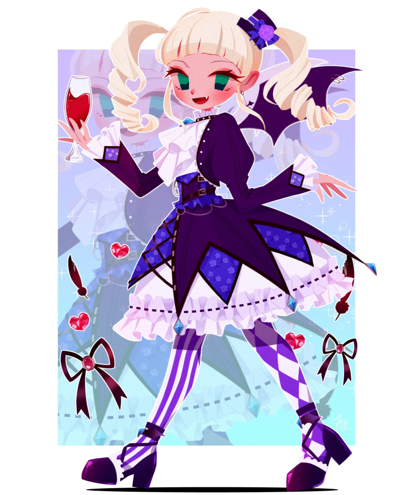 1girl, :d, aikatsu!, aikatsu!_(series), bat_wings, black_footwear, blunt_bangs, checkered_thighhighs